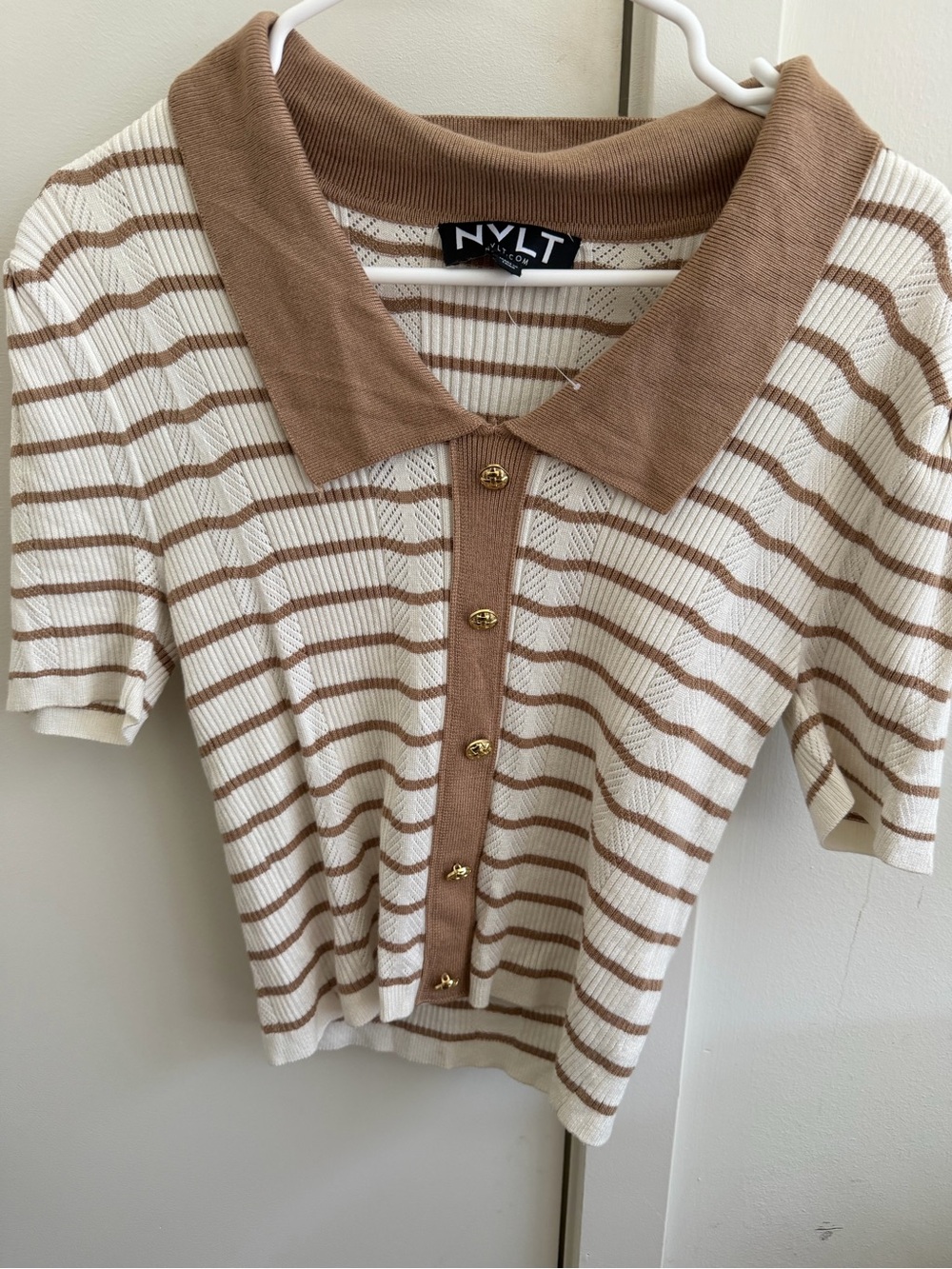 NYLT Striped Polo Knit Top in Cream & Brown